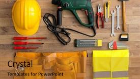  Presentation with construction work - Beautiful PPT layouts featuring construction helmet - work tools top view background backdrop and a gold colored foreground