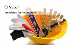  Presentation with hard work - Presentation design featuring construction helmet - yellow contractors hard hat background and a white colored foreground