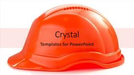  Presentation with gas process offshore construction platform - Presentation enhanced with construction helmet isolated on white background and a red colored foreground