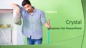  Presentation with eco friendly home renovation - Beautiful presentation design featuring construction hiring - young painter doing renovation backdrop and a  colored foreground