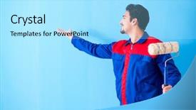  Presentation with eco friendly home renovation - Theme with construction hiring - young painter doing renovation background and a  colored foreground