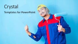  Presentation with eco friendly home renovation - Cool new PPT layouts with construction hiring - young painter doing renovation backdrop and a  colored foreground