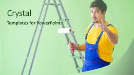  Presentation with eco friendly home renovation - PPT theme with construction hiring - young painter doing renovation background and a  colored foreground