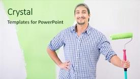  Presentation with eco friendly home renovation - Slide set featuring construction hiring - young painter doing renovation background and a soft green colored foreground