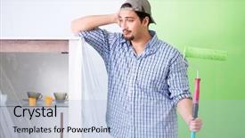  Presentation with eco friendly home renovation - Presentation theme with construction hiring - young painter doing renovation background and a light blue colored foreground