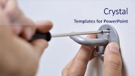  Presentation with housekeeping - Cool new slides with construction housekeeping - closeup of a young caucasian backdrop and a sky blue colored foreground