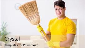  Presentation with helping man mouintain - PPT theme featuring construction housekeeping - man husband cleaning the house background and a  colored foreground