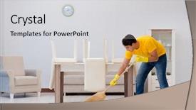  Presentation with helping man - Slide deck enhanced with construction housekeeping - man husband cleaning the house background and a  colored foreground