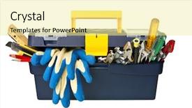  Presentation with construction tools - Beautiful PPT theme featuring construction housekeeping - plastic workbox with assorted tools backdrop and a blonde colored foreground