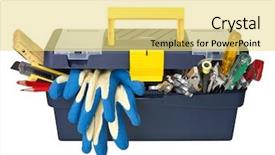  Presentation with housekeeping - Audience pleasing theme consisting of construction housekeeping - plastic workbox with assorted tools backdrop and a yellow colored foreground