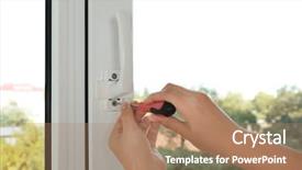  Presentation with helping others two hands woman - Slide set enhanced with construction housekeeping - woman installing window handle background and a coral colored foreground