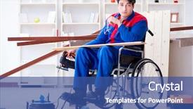  Presentation with working - PPT layouts with construction injury - disabled man working with circular background and a ocean colored foreground