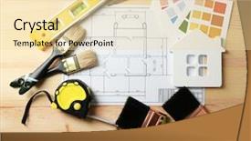  Presentation with construction materials - PPT theme featuring construction instruments plan and brushes background and a blonde colored foreground