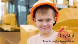  Presentation with excavator - Colorful slides enhanced with construction machines - boy in helmet is backdrop and a yellow colored foreground