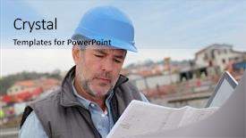  Presentation with building construction - Beautiful theme featuring construction manager controlling building site backdrop and a light blue colored foreground