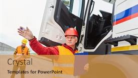  Presentation with construction site construction - Slide set having construction-manager-on-truck background and a gold colored foreground