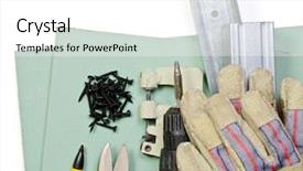  Presentation with tools - Audience pleasing presentation theme consisting of illuminated fluorescent light bulb connected to an electical cable laying on a dark surface with a dramatic spotlit background backdrop and a tawny brown colored foreground.