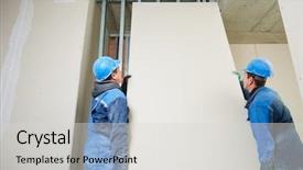  Presentation with global team workers - Slide set featuring construction millwrights - cheerful plasterboard workers team background and a light gray colored foreground