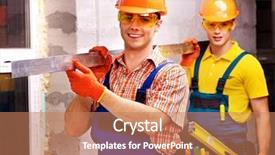  Presentation with builder - Slide deck enhanced with construction millwrights - happy group people men background and a coral colored foreground