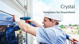  Presentation with glass construction - Beautiful PPT layouts featuring construction millwrights - worker builder with hand drill backdrop and a sky blue colored foreground