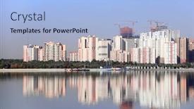  Presentation with complex - Presentation theme enhanced with construction of a modern residential complex on the shore of an artificial lake tehran iran background and a light blue colored foreground