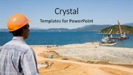  Presentation with construction cranes - Beautiful PPT theme featuring dredged - builder construction of new seaport backdrop and a light blue colored foreground