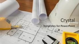  Presentation with construction tools - PPT theme consisting of construction plans with white helmet background and a light gray colored foreground