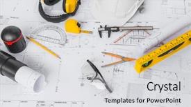  Presentation with construction tools - Audience pleasing slides consisting of construction plans with white helmet backdrop and a light gray colored foreground