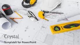 Presentation with construction tools - Amazing theme having construction plans with white helmet and drawing tools on blueprints backdrop and a white colored foreground