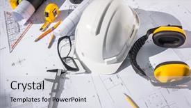  Presentation with solar plant construction - Colorful slide set enhanced with construction plans with white helmet backdrop and a  colored foreground