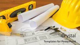  Presentation with construction tools - Theme consisting of construction plans with yellow helmet background and a soft green colored foreground