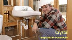  Presentation with under construction - Amazing PPT theme having construction plumber installing bathroom fixtures backdrop and a tawny brown colored foreground