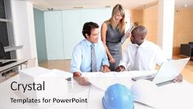  Presentation with team meeting - Audience pleasing presentation theme consisting of construction presentation - business team meeting backdrop and a  colored foreground