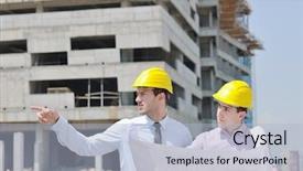  Presentation with construction documents - Slide deck consisting of construction projects businessman - team of business people background and a light blue colored foreground