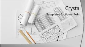  Presentation with architecture construction - Cool new PPT theme with construction proposal - architecture blueprints on the table backdrop and a light gray colored foreground