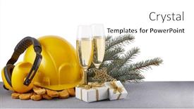  Presentation with silver christmas - Audience pleasing theme consisting of construction protective clothes hard hat gloves and earphones fir tree branches christmas decorations and two glasses with champagne standing on glittering silver surface new year and christmas backdrop and a white colored foreground