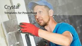  Presentation with tile - PPT theme featuring construction quality control - tiler controlling level of tile background and a light gray colored foreground