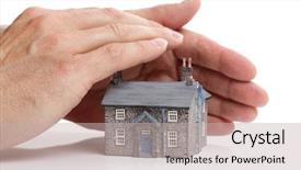  Presentation with safety construction - Theme consisting of construction safety background - hands protecting a model house background and a soft green colored foreground