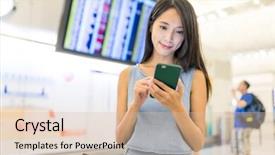  Presentation with mobile phone in woman hand - Theme consisting of construction schedule - woman using mobile phone background and a  colored foreground