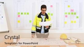  Presentation with employee anniversary work office - Audience pleasing presentation consisting of construction schedule - worker checking techinical drawings backdrop and a lemonade colored foreground