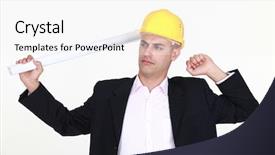  Presentation with stretching - Audience pleasing slide set consisting of construction scheduling management - architect holding blueprints stretching himself backdrop and a  colored foreground