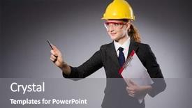  Presentation with engineering desk of civil engineer - PPT theme featuring construction scheduling management - female engineer with helmet background and a  colored foreground