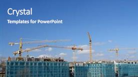  Presentation with construction cranes - Slide set enhanced with construction site of residential settlement with group of yellow jib cranes over blue sky background and a teal colored foreground