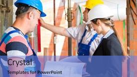  Presentation with team discussion - Colorful presentation design enhanced with construction site team or architect backdrop and a teal colored foreground