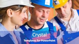  Presentation with team discussion - Slide set having construction site team or architect background and a cobalt blue colored foreground