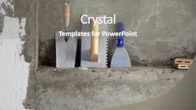  Presentation with steel construction - PPT theme having construction stainless steel trowel tools and spatula on cement mortar wall background and a gray colored foreground