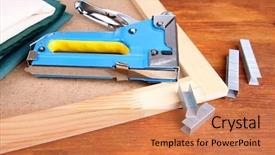  Presentation with cork - Cool new PPT layouts with construction stapler with fabrics and staples on cork board on wooden background backdrop and a coral colored foreground
