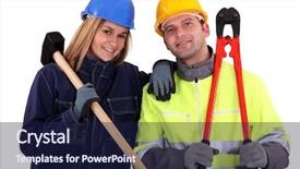  Presentation with female garment workers - Theme enhanced with leverage - male and female manual workers background and a  colored foreground