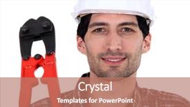  Presentation with holding hotdog - Presentation design featuring leverage - man holding bolt cutters background and a coral colored foreground