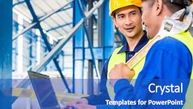  Presentation with steel plant - Audience pleasing PPT theme consisting of construction steel - worker in asian production plant backdrop and a cobalt blue colored foreground